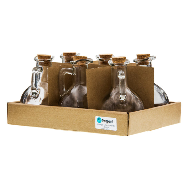 REGENT GLASS OIL/VINEGAR BOTTLE ROUND WITH HANDLE & CORK LID 6 PACK, 170ML (71MM DIAX116MM)