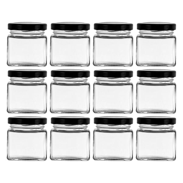 REGENT GLASS SQUARE JAR WITH BLACK LID 12 PACK, 80ML (55X50X50MM)