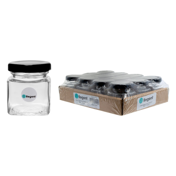 REGENT GLASS SQUARE JAR WITH BLACK LID 12 PACK, 50ML (55X45X45MM)