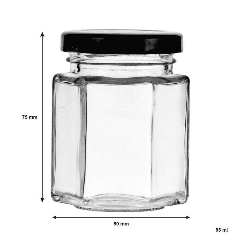 REGENT GLASS HEXAGONAL JAR WITH BLACK LID 12 PACK, 85ML (50MM DIAX75MM)