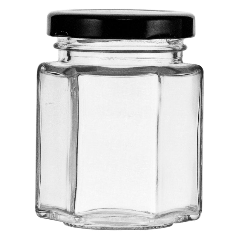 REGENT GLASS HEXAGONAL JAR WITH BLACK LID 12 PACK, 85ML (50MM DIAX75MM)