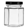 REGENT GLASS HEXAGONAL JAR WITH BLACK LID 12 PACK, 85ML (50MM DIAX75MM)