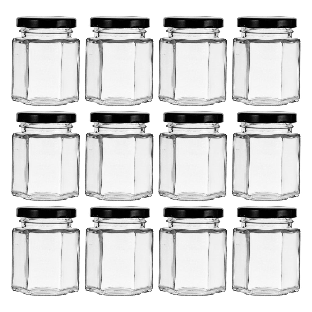 REGENT GLASS HEXAGONAL JAR WITH BLACK LID 12 PACK, 85ML (50MM DIAX75MM)