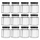 REGENT GLASS HEXAGONAL JAR WITH BLACK LID 12 PACK, 85ML (50MM DIAX75MM)