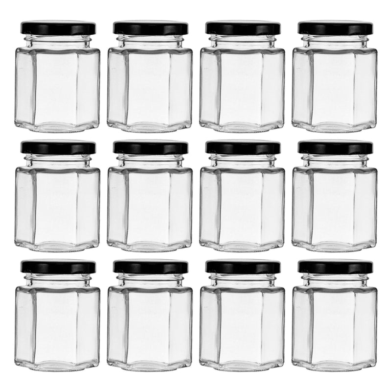 REGENT GLASS HEXAGONAL JAR WITH BLACK LID 12 PACK, 85ML (50MM DIAX75MM)