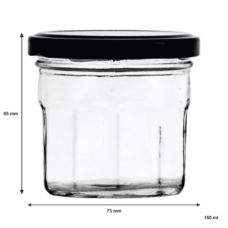 REGENT GLASS FACETED JAR WITH BLACK LID 12 PACK, 150ML (73MM DIAX65MM)