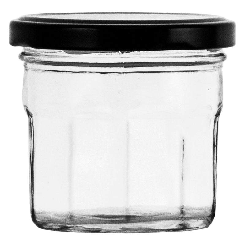 REGENT GLASS FACETED JAR WITH BLACK LID 12 PACK, 150ML (73MM DIAX65MM)