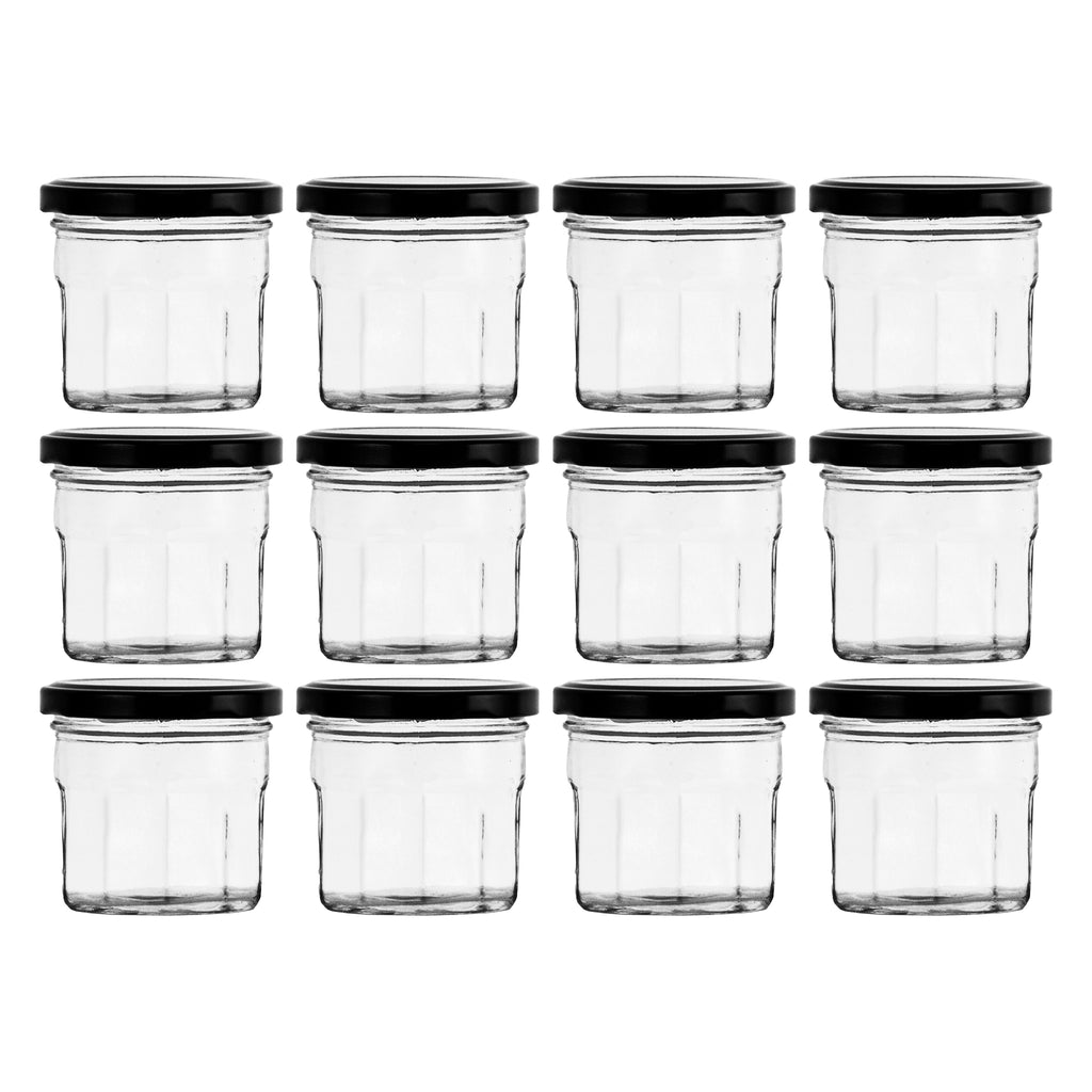 REGENT GLASS FACETED JAR WITH BLACK LID 12 PACK, 150ML (73MM DIAX65MM)