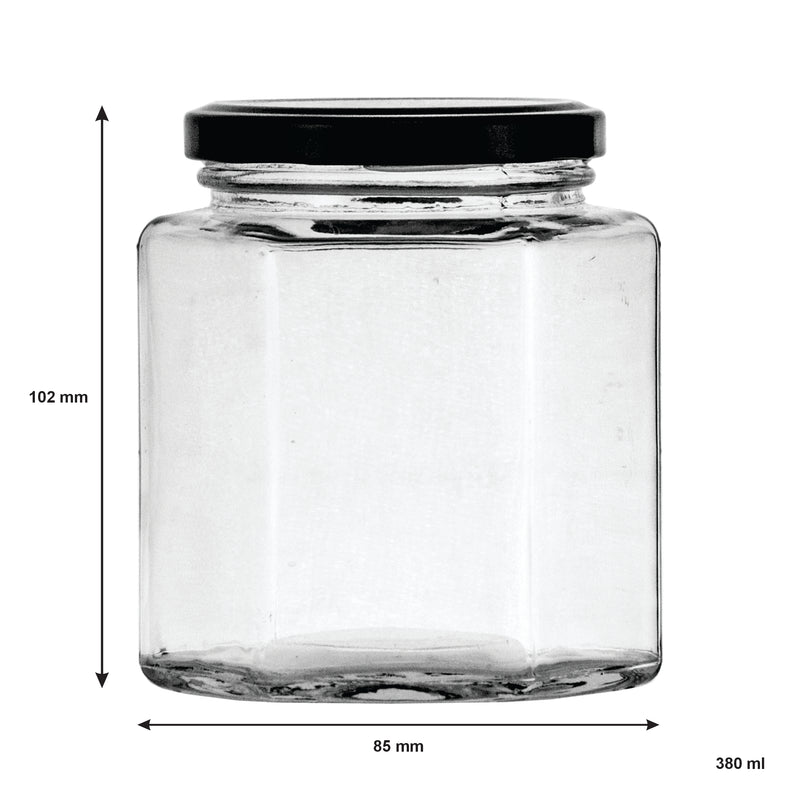 REGENT GLASS HEXAGONAL JAR WITH BLACK LID 6 PACK, 380ML (102X85X85MM)