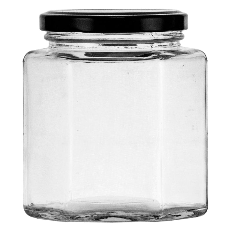 REGENT GLASS HEXAGONAL JAR WITH BLACK LID 6 PACK, 380ML (102X85X85MM)