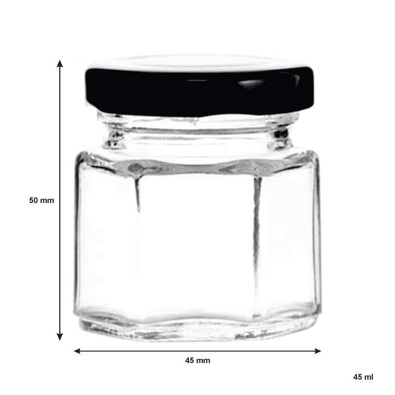 REGENT GLASS HEXAGONAL JAR WITH BLACK LID 12 PACK, 45ML (50X45X45MM)