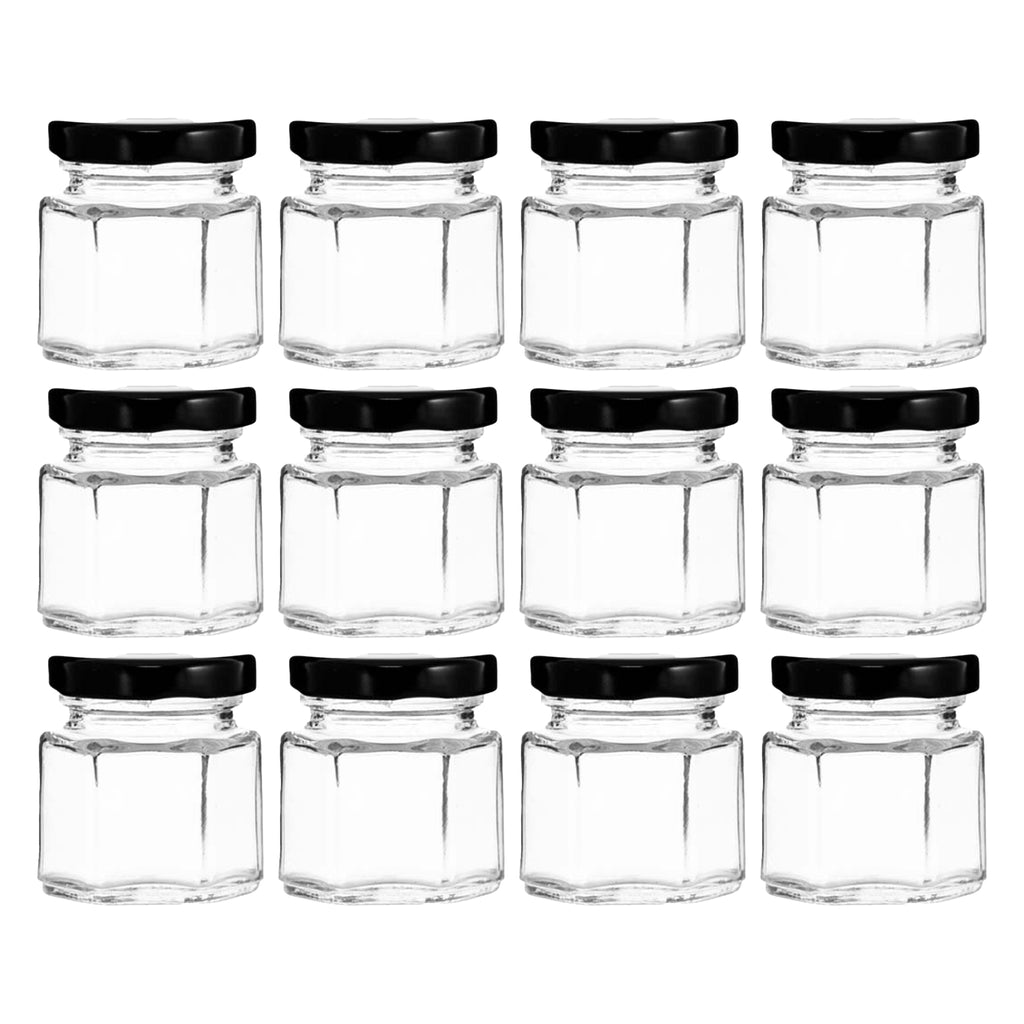 REGENT GLASS HEXAGONAL JAR WITH BLACK LID 12 PACK, 45ML (50X45X45MM)