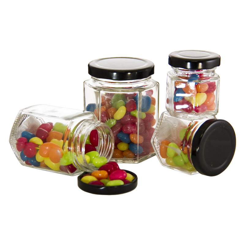 REGENT GLASS HEXAGONAL JAR WITH BLACK LID 12 PACK, 45ML (50X45X45MM)