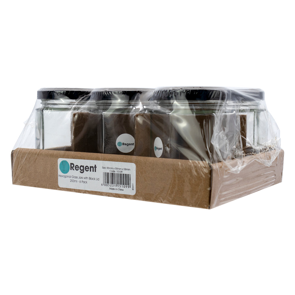 REGENT GLASS HEXAGONAL JAR WITH BLACK LID 6 PACK, 200ML (85X65X65MM)