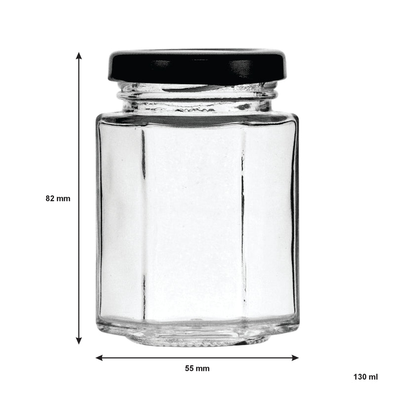 REGENT GLASS HEXAGONAL JAR WITH BLACK LID 12 PACK, 130ML (82X55X55MM)