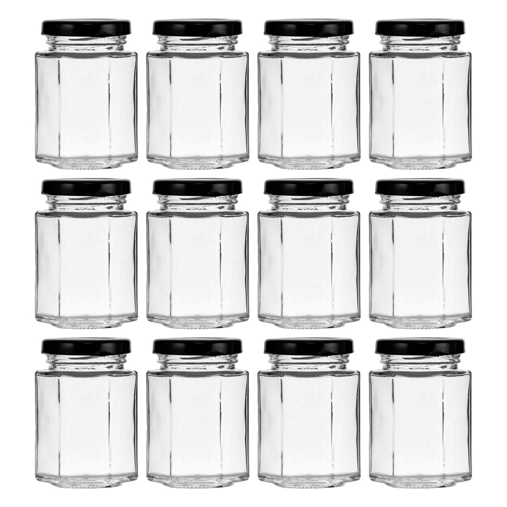 REGENT GLASS HEXAGONAL JAR WITH BLACK LID 12 PACK, 130ML (82X55X55MM)