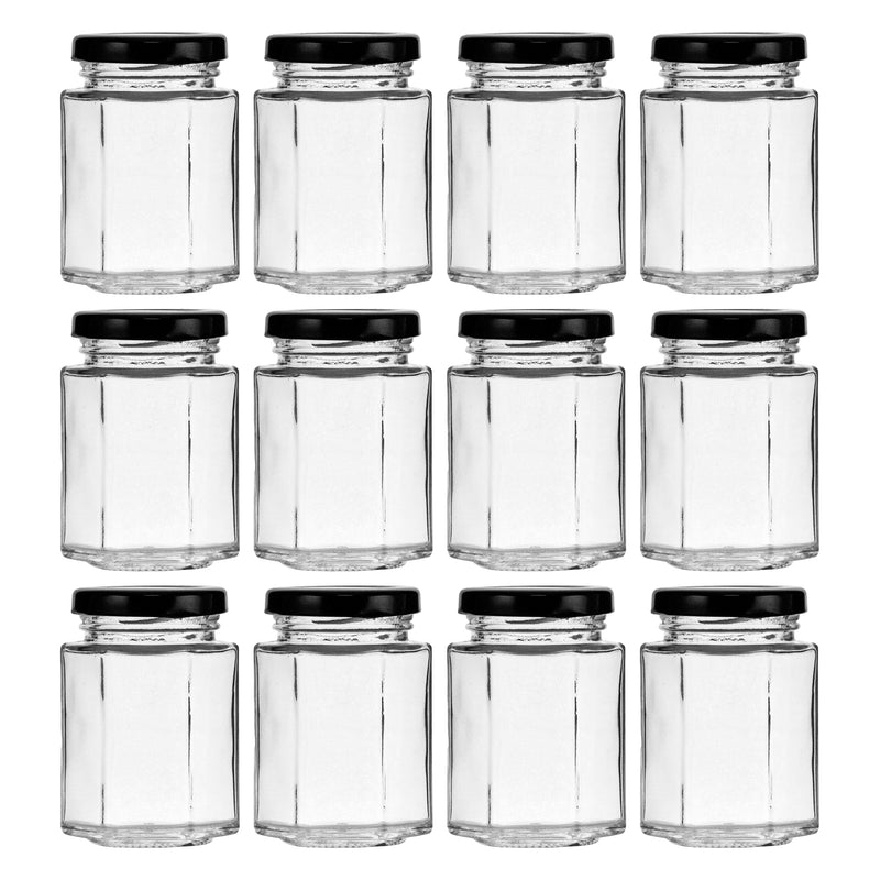 REGENT GLASS HEXAGONAL JAR WITH BLACK LID 12 PACK, 130ML (82X55X55MM)