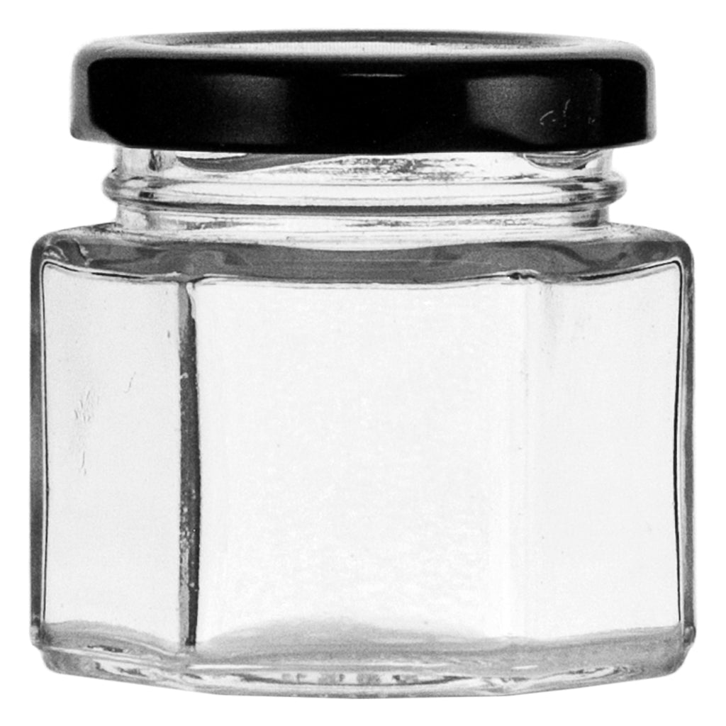 REGENT GLASS HEXAGONAL JAR WITH BLACK LID 12 PACK, 60ML (53X50X50MM)