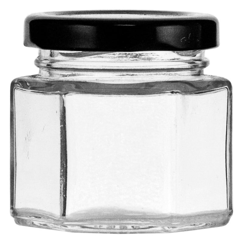 REGENT GLASS HEXAGONAL JAR WITH BLACK LID 12 PACK, 60ML (55X50X50MM)