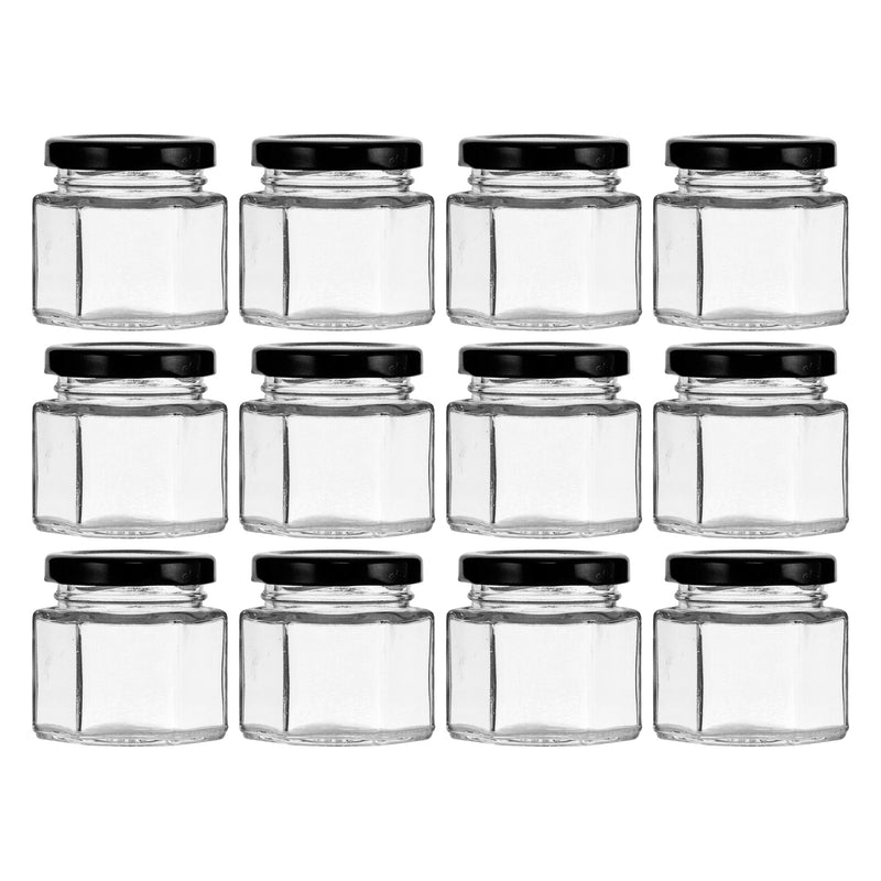 REGENT GLASS HEXAGONAL JAR WITH BLACK LID 12 PACK, 60ML (53X50X50MM)