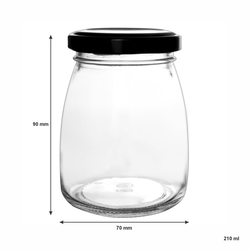 REGENT GLASS ROUND JAR WITH BLACK LID,12 PACK, 210ML (70MM DIAX90MM)