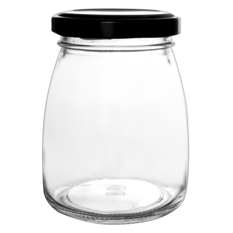 REGENT GLASS ROUND JAR WITH BLACK LID,12 PACK, 210ML (70MM DIAX90MM)