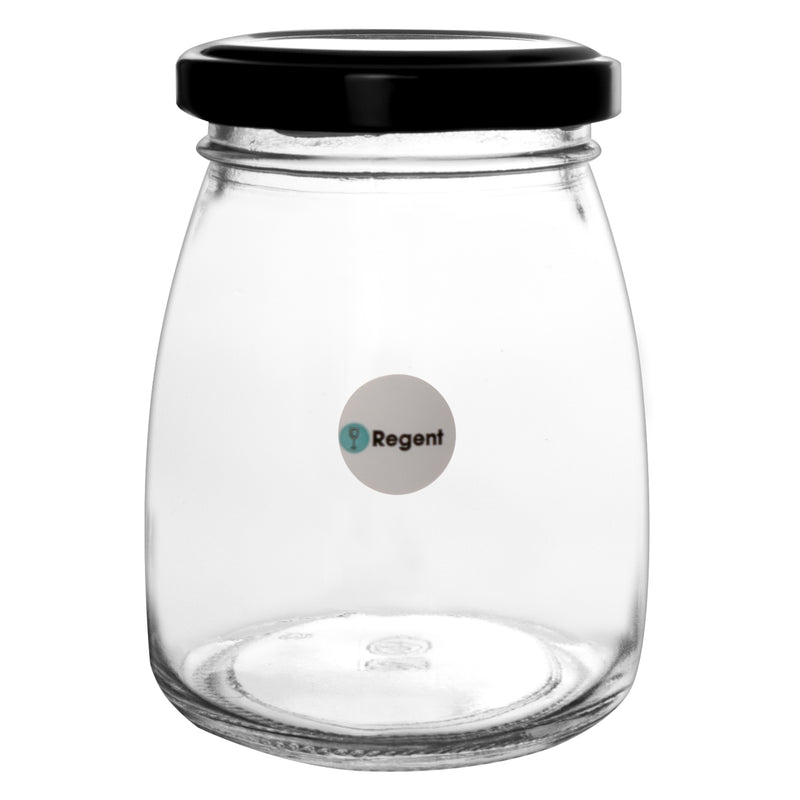 REGENT GLASS ROUND JAR WITH BLACK LID,12 PACK, 210ML (70MM DIAX90MM)