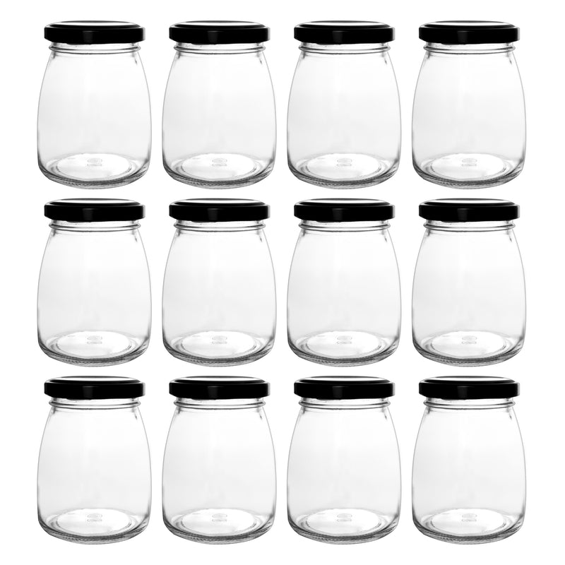 REGENT GLASS ROUND JAR WITH BLACK LID,12 PACK, 210ML (70MM DIAX90MM)