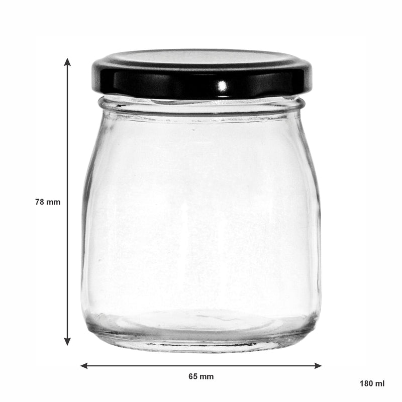 REGENT GLASS ROUND JAR WITH BLACK LID 12 PACK, 180ML (65MM DIAX78MM)