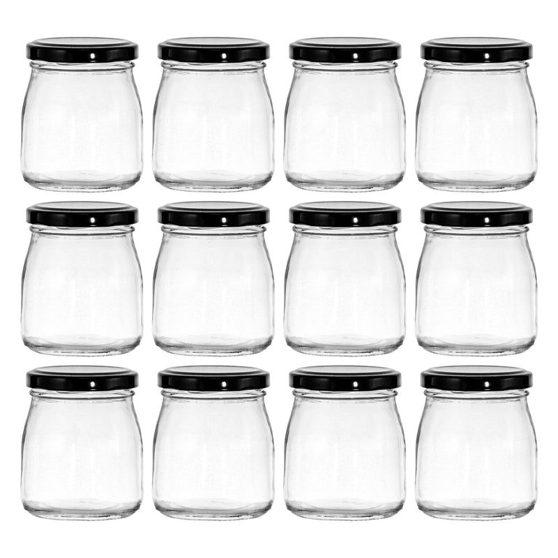 REGENT GLASS ROUND JAR WITH BLACK LID 12 PACK, 180ML (65MM DIAX78MM)