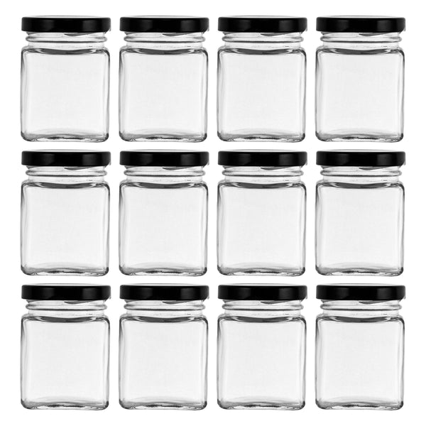 REGENT GLASS SQUARE JAR WITH BLACK LID 12 PACK, 150ML (76X55X55MM)