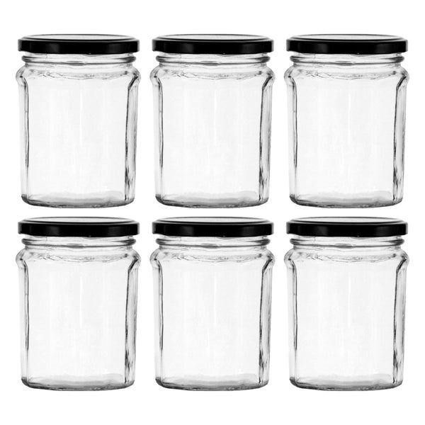 REGENT GLASS FACETED JAR WITH BLACK LID 6 PACK, 380ML (85MM DIAX115MM)