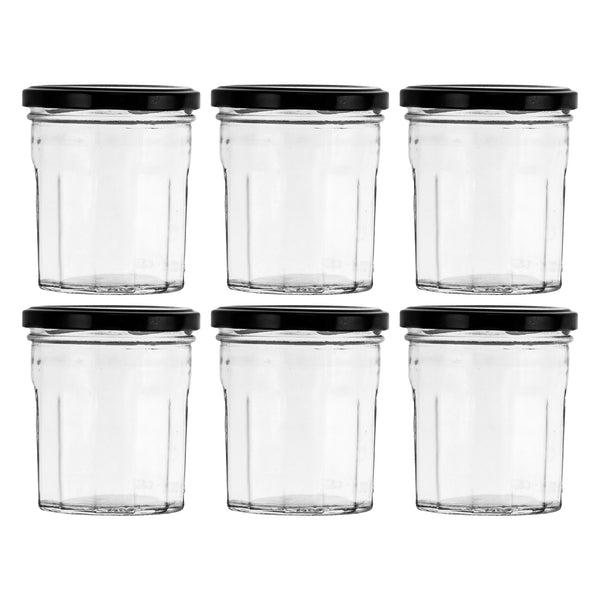 REGENT GLASS FACETED JAR WITH BLACK LID 6 PACK, 250ML (85MM DIAX95MM)