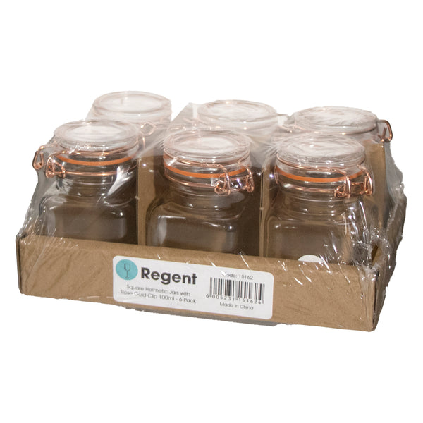 REGENT GLASS SQUARE HERMETIC JARS WITH ROSE GOLD CLIP 6 PACK, 100ML (80X50X50MM)