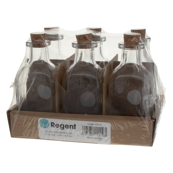 REGENT GLASS SQUARE BOTTLES WITH CORK LIDS 6 PACK, 120ML (114X51X51MM)