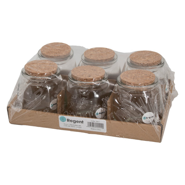 REGENT GLASS ROUND JARS WITH CORK LIDS 6 PACK, 260ML (80MM DIAX94MM)