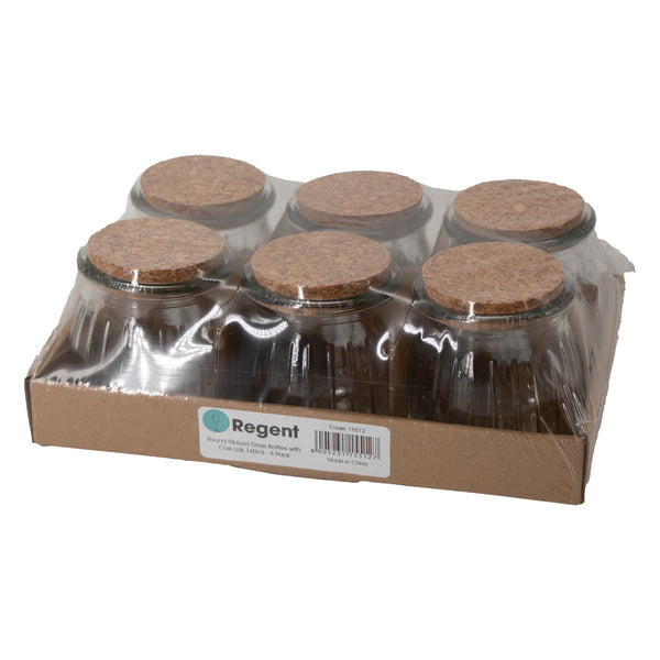 REGENT GLASS ROUND RIBBED JARS WITH CORK LIDS 6 PACK, 160ML (71MM DIAX80MM)