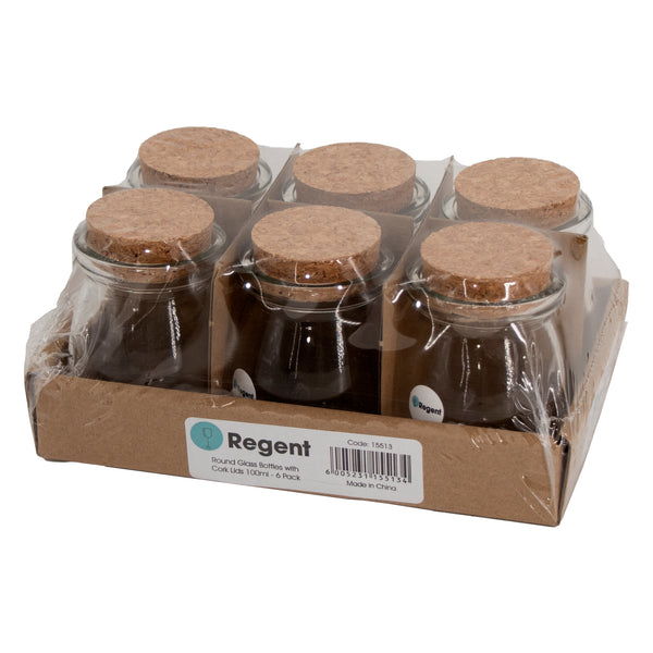 REGENT GLASS ROUND JARS WITH CORK LIDS 6 PACK, 100ML (56MM DIAX76MM)