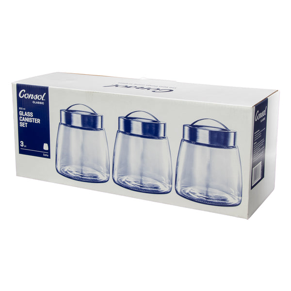 CONSOL SOHO GLASS CANISTERS WITH ST STEEL LIDS 3PCE SET, 800ML (140X125MM DIA)