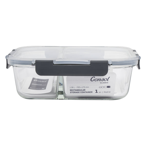 CONSOL MADRID RECT. 2 DIVISION STORAGE CONTAINER WITH CLIP ON LID, 1.36LT (230X175X76MM)