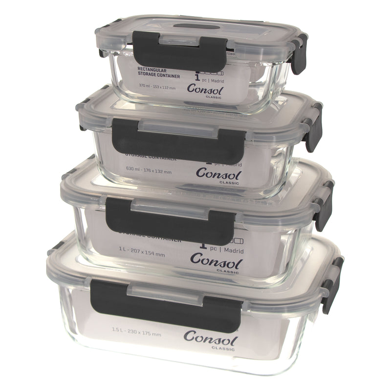 CONSOL MADRID STORAGE CONTAINERS WITH CLIP ON VENTED LIDS 4PCE VALUE PACK, (1.5LT,1LT,630ML & 370ML)