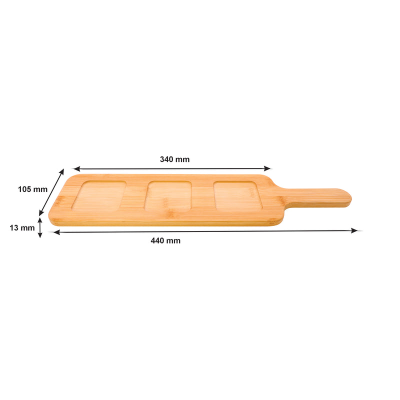 CONSOL SANTORINI 3 CLEAR SQUARE GLASS BOWLS (140ML) ON A BAMBOO SERVING BOARD, (440X105X50MM)