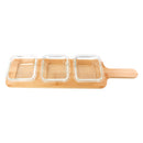 CONSOL SANTORINI 3 CLEAR SQUARE GLASS BOWLS (140ML) ON A BAMBOO SERVING BOARD, (440X105X50MM)