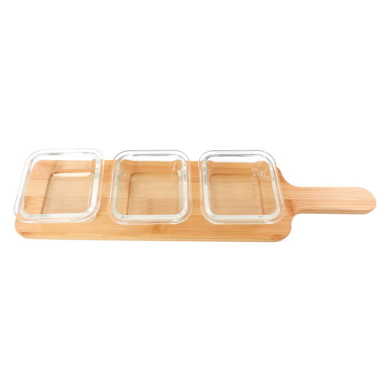 CONSOL SANTORINI 3 CLEAR SQUARE GLASS BOWLS (140ML) ON A BAMBOO SERVING BOARD, (440X105X50MM)