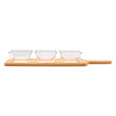 CONSOL SANTORINI 3 CLEAR SQUARE GLASS BOWLS (140ML) ON A BAMBOO SERVING BOARD, (440X105X50MM)