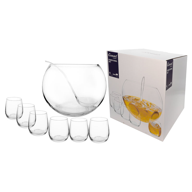 CONSOL GENOA GLASS PUNCH BOWL, 6 GLASSES (340ML) AND PLASTIC LADLE 8 PCE SET, 11LT (300MM DIAX230MM)