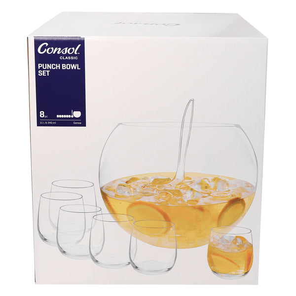 CONSOL GENOA GLASS PUNCH BOWL, 6 GLASSES (340ML) AND PLASTIC LADLE 8 PCE SET, 11LT (300MM DIAX230MM)