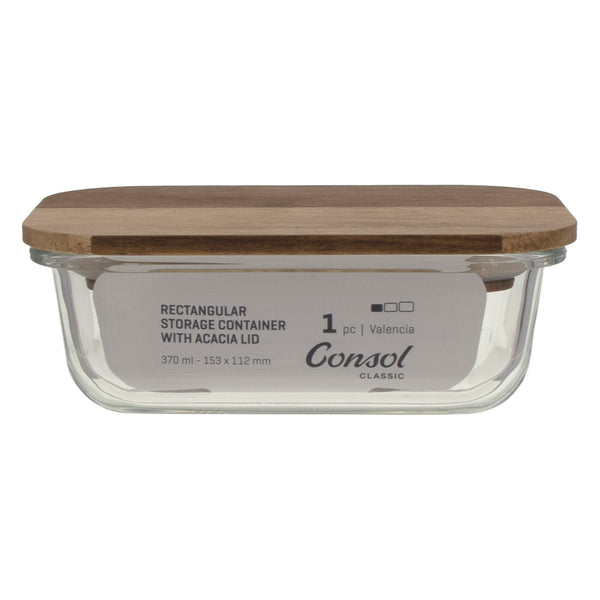 CONSOL VALENCIA RECT. FOOD STORAGE CONTAINER WITH ACACIA LIDS, 370ML (150X108X54MM)