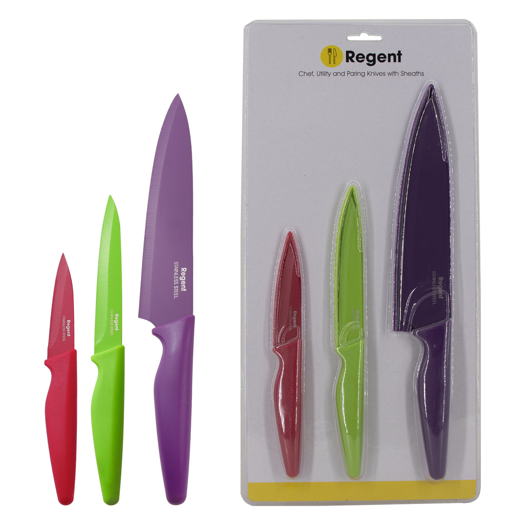 REGENT KITCHEN CHEF, UTILITY, PARING COLOURED KNIVES WITH SHEATHS 3PCS SET, (325MM l 240MM l200MM)