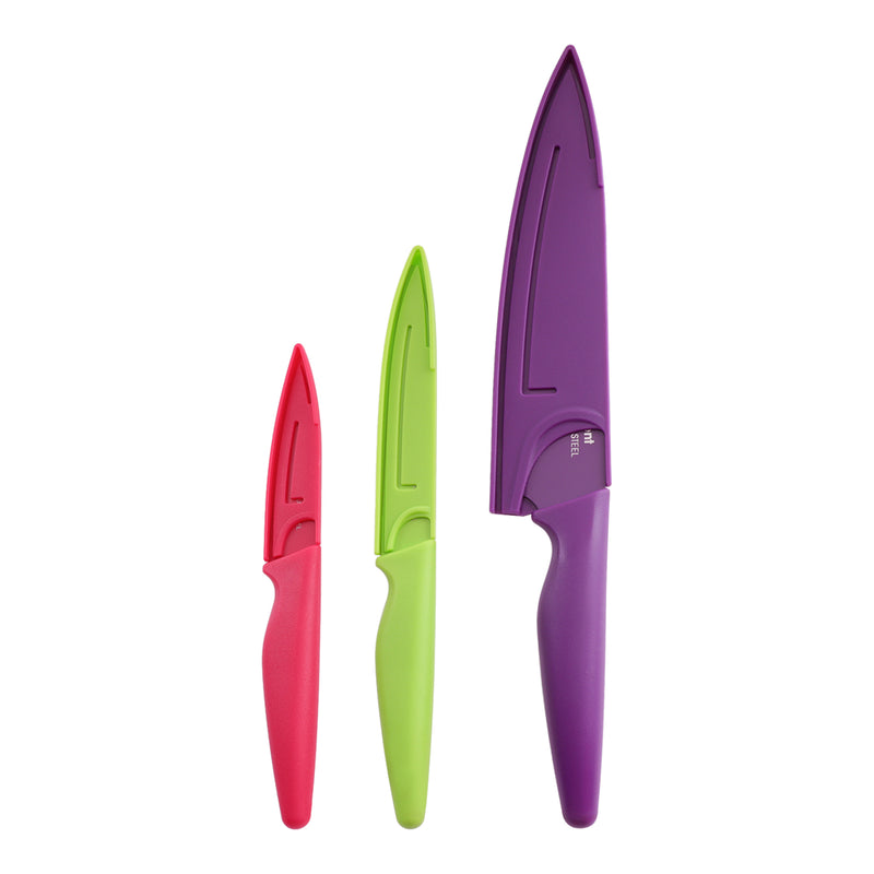 REGENT KITCHEN CHEF, UTILITY, PARING COLOURED KNIVES WITH SHEATHS 3PCS SET, (325MM l 240MM l200MM)